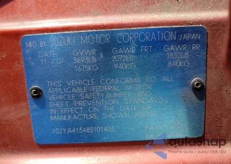 2008 Suzuki Sx4 Base из США, поврежденный, VIN JS2YA413485101403